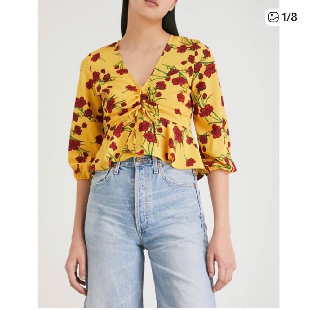 Topshop Coquette Yellow Floral Blouse Tie Front Bell Sleeve Romantic Y2K Size 2